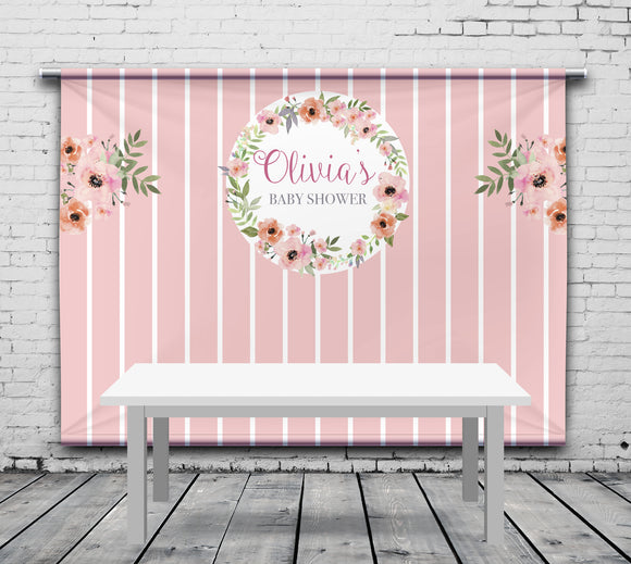 Pink Flowers Personalized Event Backdrop FLW-1001