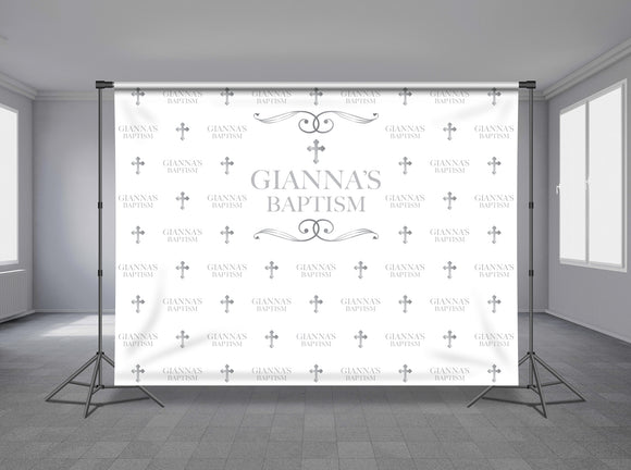 Silver Cross Baptism Personalized Event Backdrop RLG-1006