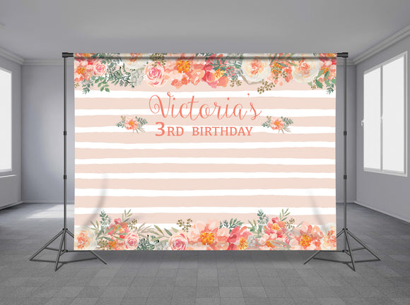 Peach & Pink Flowers Personalized Event Backdrop FLW-1005