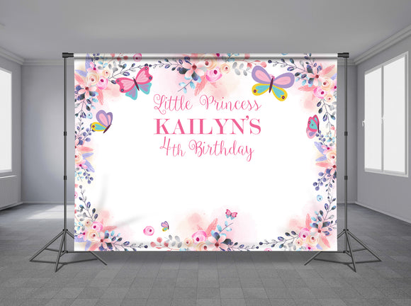 Butterfly & Flowers Personalized Event Backdrop FLW-1007