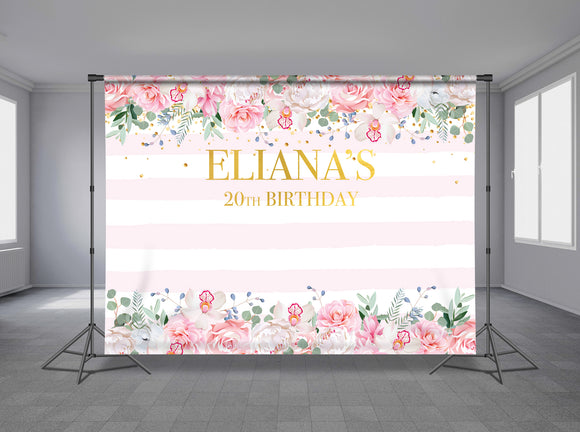 Pink and Gold Flowers Personalized Event Backdrop FLW-1012