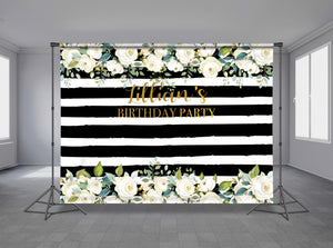 Flowers & Black Lines Personalized Event Backdrop FLW-1015