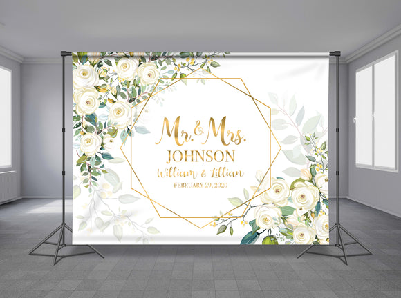 Gold Polygon Flowers Frame Personalized Event Backdrop FLW-1018