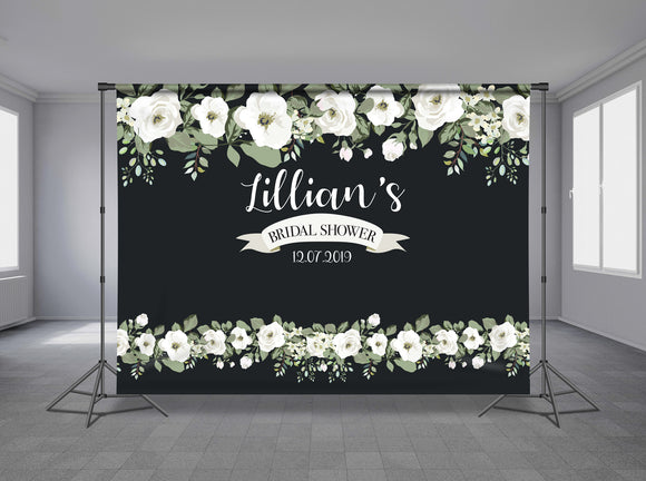 Ivory Floral Personalized Event Backdrop FLW-1019