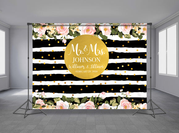 Gold & Pink Floral Personalized Event Backdrop FLW-1021