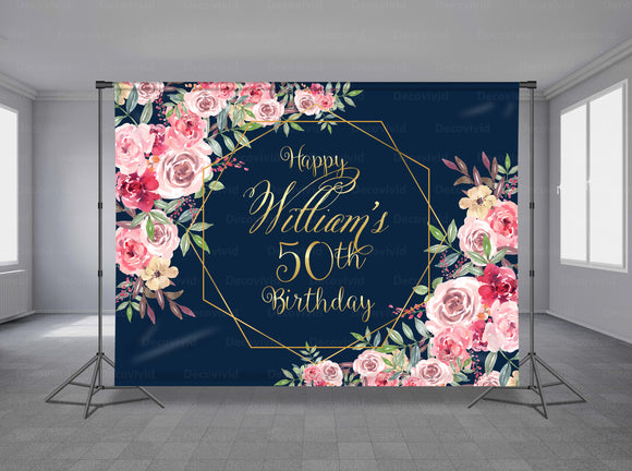 Luxury Gold Floral Personalized Event Backdrop FLW-1028