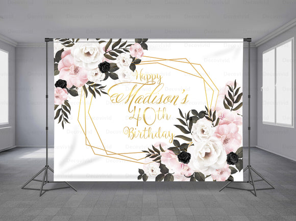 Black Pink Flowers Personalized Event Backdrop FLW-1029