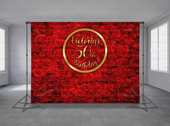 Red Roses Wall Personalized Event Backdrop FLW-1030