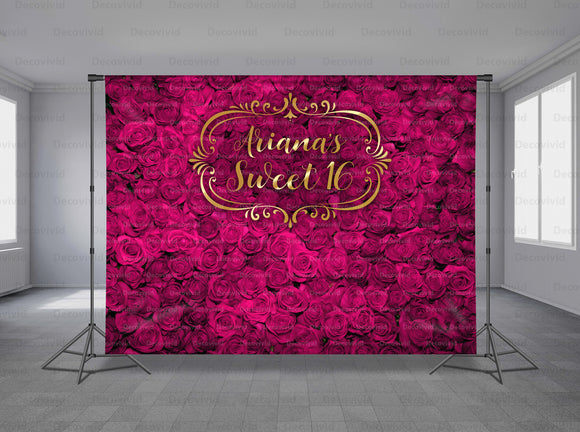 Purple Roses Wall Personalized Event Backdrop FLW-1031