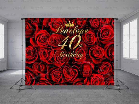 Large Red Roses Wall Personalized Event Backdrop FLW-1033