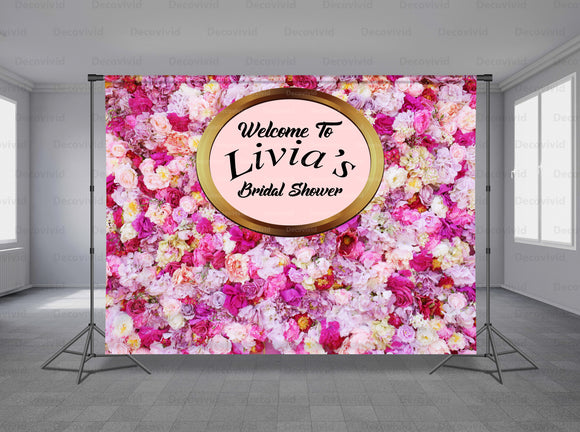 Pink Flowers Personalized Event Backdrop FLW-1049